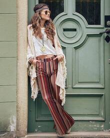 Unittype 5 Pcs 60s 70s Outfits Women Hippie Disco Costume Boho Flared Pant Peace Sign Necklace Earring Halloween Party - small - 查看 5