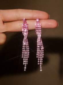 2pcs Fashion Long Fringe CZ Crystal Women's Earrings, Copper Alloy Zirconia Inlay, Shiny And Fashionable, Suitable For Parties And Daily Wear