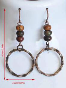 2pcs Vintage Handmade Beaded Wooden Bead Geometric Circle Boho Style Hoop Earrings For Women, Party - Multicolor - View 5