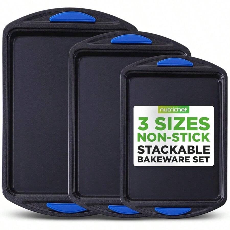 3Piece Baking Pan Set Premium Nonstick Carbon Steel Bakeware W Silicone Handles Includes Large Medium And Small Pans For Baking And Roasting PFOA PFOS PTFE Free Gray