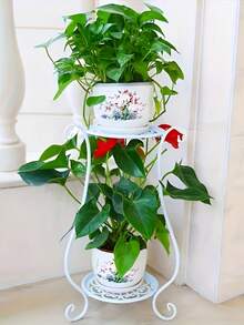 Iron Metal Indoor Plant Stand, 2-Tier Decorative Flower Pot Holder, Modern Home Garden Display Shelf Bracket For Living Room, Balcony, Entryway - White - View 4