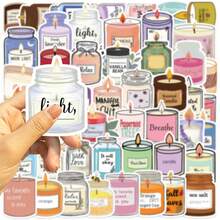 50 Hand-Drawn Candle Stickers: This Set Features Scented Candle-Themed Stickers In A Charming Hand-Drawn Style. The Scented Candles In The Stickers Are Housed In Glass Jars Of Various Shapes And Colors, With Lifelike Flames. Each Jar Features Different Label Texts Indicating The Candle's Fragrance