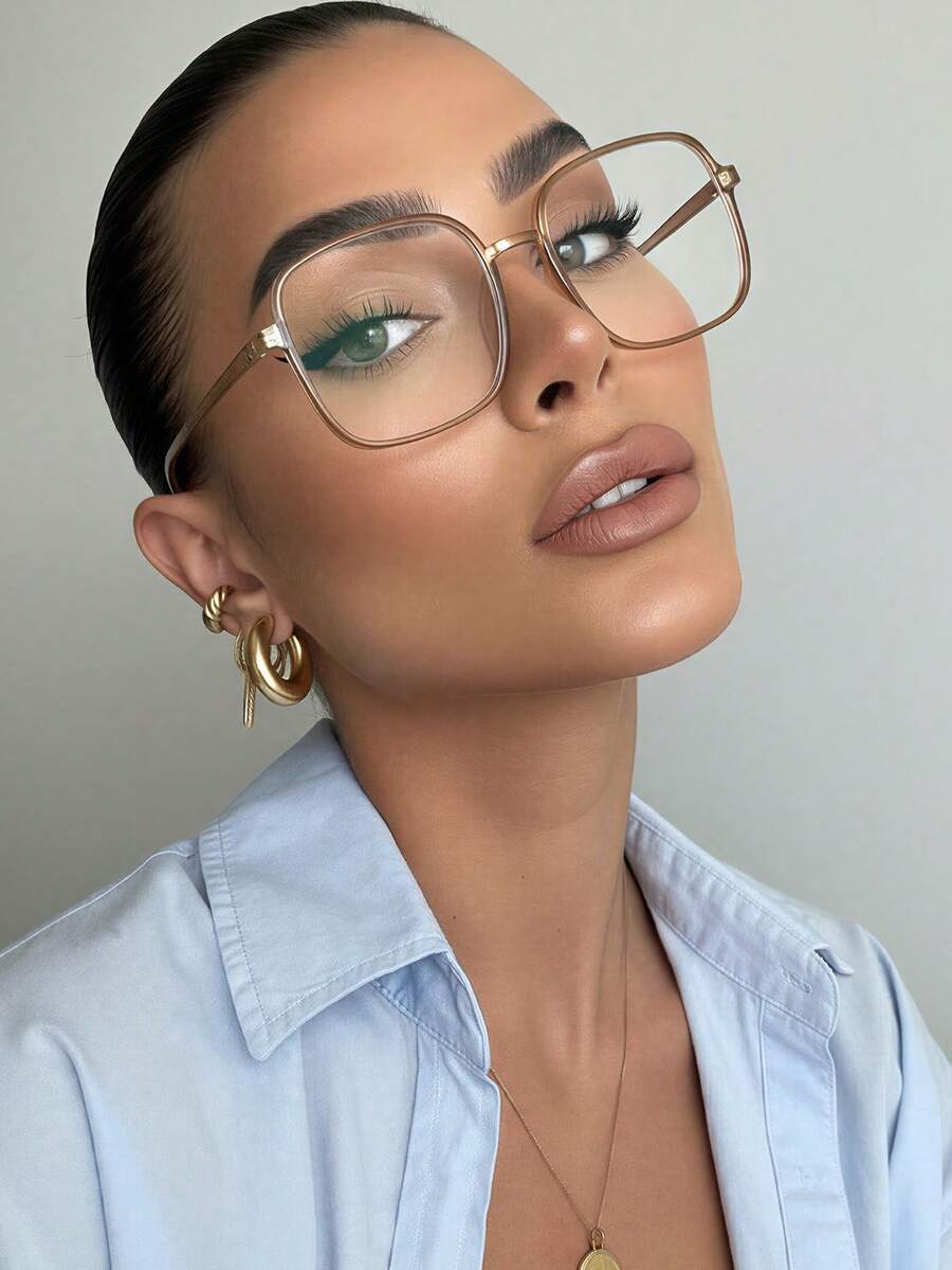 1 Pair Women's Brown Square PC Frame Simple Solid Color Large Frame Fashionable Non-Prescription Glasses