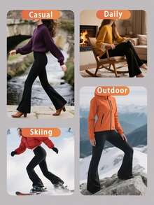 Women's High Waist Flare Pants, Thermal Lined Wool Warm Trousers For Autumn/Winter, Solid Color Elastic Waist Slim Fit Leggings, Suitable For Cold Weather And Outdoor Activities