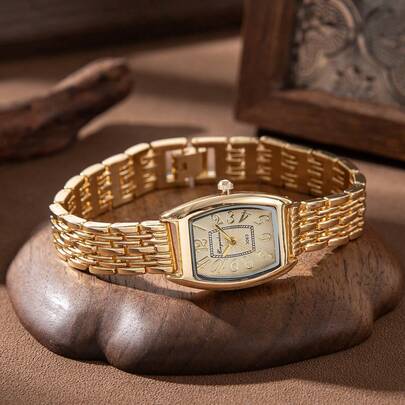 xinyunkou Vintage Gold Cocktail Barrel-Shaped Wristwatch, Women's Full Gold Chain Band Artistic Dial Watch, Retro Elegant Luxury Wrist Accessory