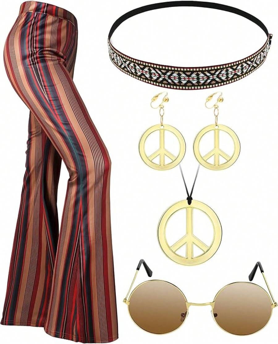 Unittype 5 Pcs 60s 70s Outfits Women Hippie Disco Costume Boho Flared Pant Peace Sign Necklace Earring Halloween Party - small - 查看 1