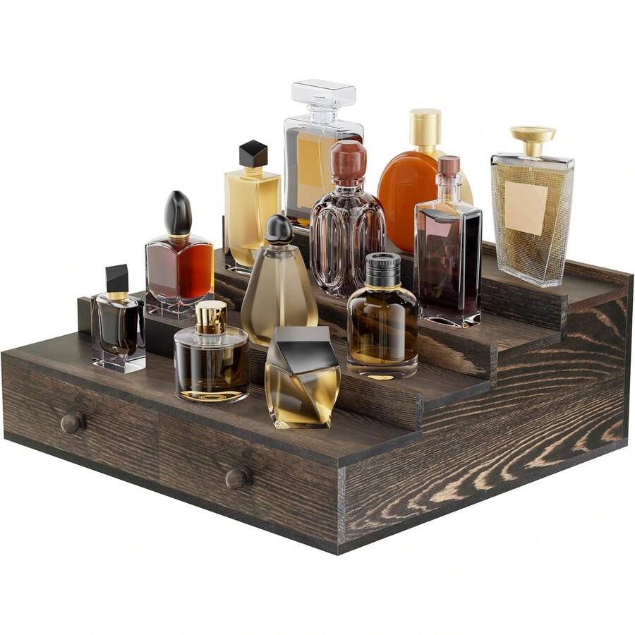 4 Tier Wooden Cologne Organizer With Drawer Storage And Hidden Compartment, Rustic Perfume Display Stand - Brown - View 1