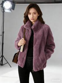 New Style Stand Collar Zipper Long Sleeve Jacket Fashionable And Versatile Plush Jacket, Light And Comfortable, Versatile, Personalized Niche Design - 紫色 - 查看 5