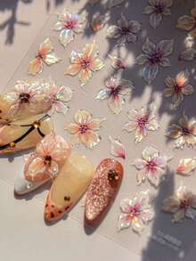 1 Stück glänzende rosa Lilien Nagel Aufkleber mit blühenden Blütenblättern, 5D romantischer japanischer Stil Blumen für elegante florale selbstklebende Nageldekoration Maniküre