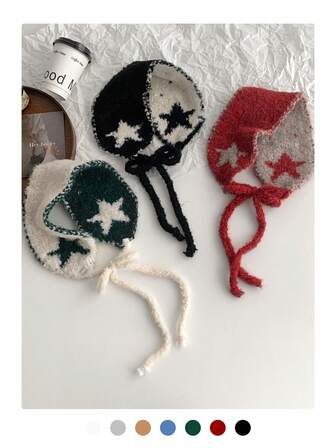 Fashionable Star Headband Ear Warmer For Women, High-End Fluffy Scarf Headwear Accessory, Versatile Knitted Star Tie Neck Warmer, Autumn/Winter New Stylish Multi-Purpose Fleece Ear Muffs, Sleep Eye Mask White Ear Muffs
