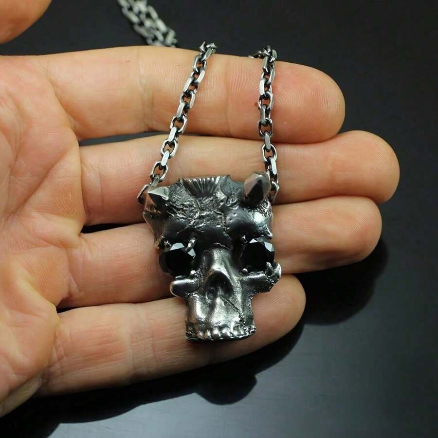 Demon Skull Pendant - Sterling Silvery With Black Cubic Synthetic - 1 - View 1