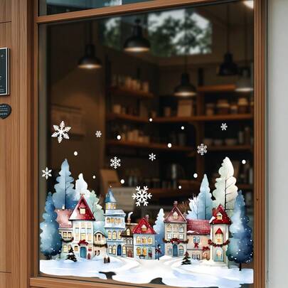 1pc Christmas Decoration Window Cling, Santa's House & Forest Pattern, Vinyl Static Cling Sticker, Removable Glass Decal, Easy To Apply, Home Decor