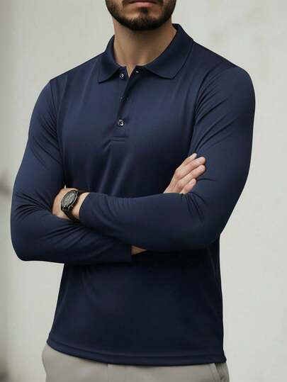 Polo à manches longues pour hommes, chemise casual d'affaires de couleur unie coupe slim, t-shirt de base pour l'automne/l'hiver