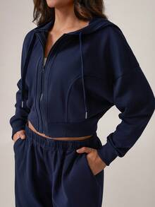 NcmRyu 1 套女士时尚抽绳连帽夹克，带口袋和拉链，阔腿裤运动套装 - 藏蓝色 - 查看 2