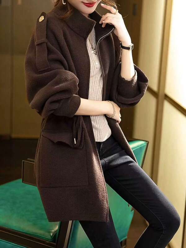 Women's Casual Solid Color Drawstring Pocket Jacket, Autumn/Winter