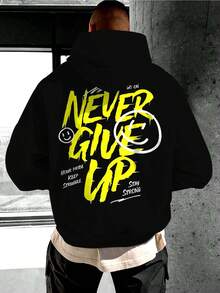 Sudadera con capucha de felpa con cordón, estampado de rostro sonriente "Nunca te rindas", para hombre, para invierno