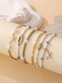 6件套女士串珠手链，饰以贝壳、海星等海洋元素，适合日常、海滩、度假佩戴，亦可作为礼物。 - 彩色 - 查看 1