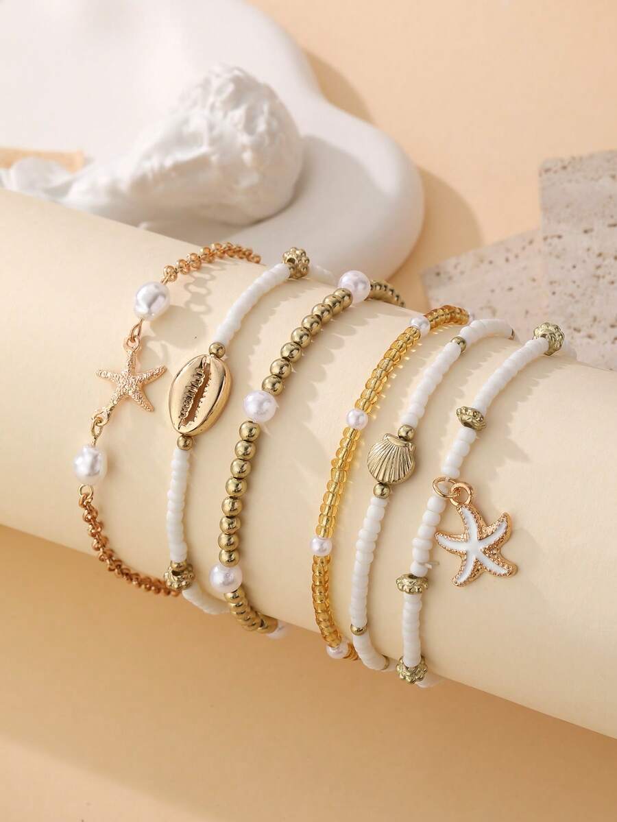 6件套女士串珠手链，饰以贝壳、海星等海洋元素，适合日常、海滩、度假佩戴，亦可作为礼物。 - 彩色 - 查看 1