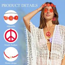 6PCS Hippie Costume Accessories Set 60s70s Retro Hippie Glasses Peace Sign Earrings And Necklace Sunflower Hair Band