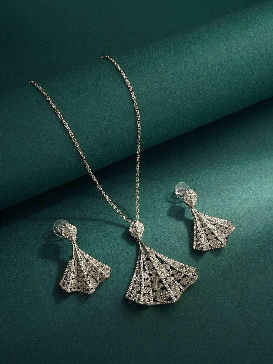 2pcs Luxury Zirconia Stone Necklace & Earrings Jewelry Set, Women's Daily Party Decorative Earring Set, Exquisite Necklace Set Gift Box Packaging For Valentine's Day