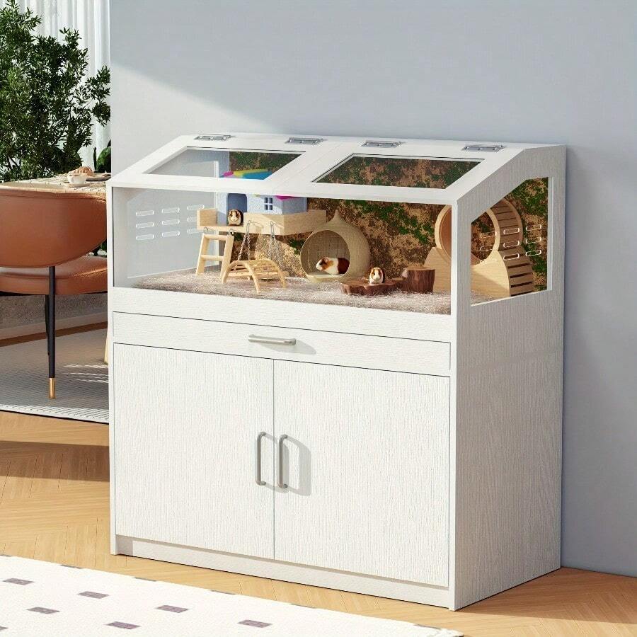 Hamster Cage With Storage Cabinet - Extra-Large Habitat, 360° Acrylic Viewing Panels, Bite-Resistant Design & Easy-Clean Pull-Out Drawer For Hamsters, Rabbits, Guinea Pigs, Hedgehogs, Large Hamster Cage, Small Pet Habitat, Multilevel Habitat, Reinforced Frame, Pet Habitat, Pet Enthusiasts - Large - 查看 1
