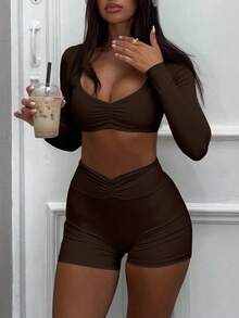 2件套女士休闲高弹粉色荷叶边领长袖短款上衣和短裤 - 咖啡棕 - 查看 3