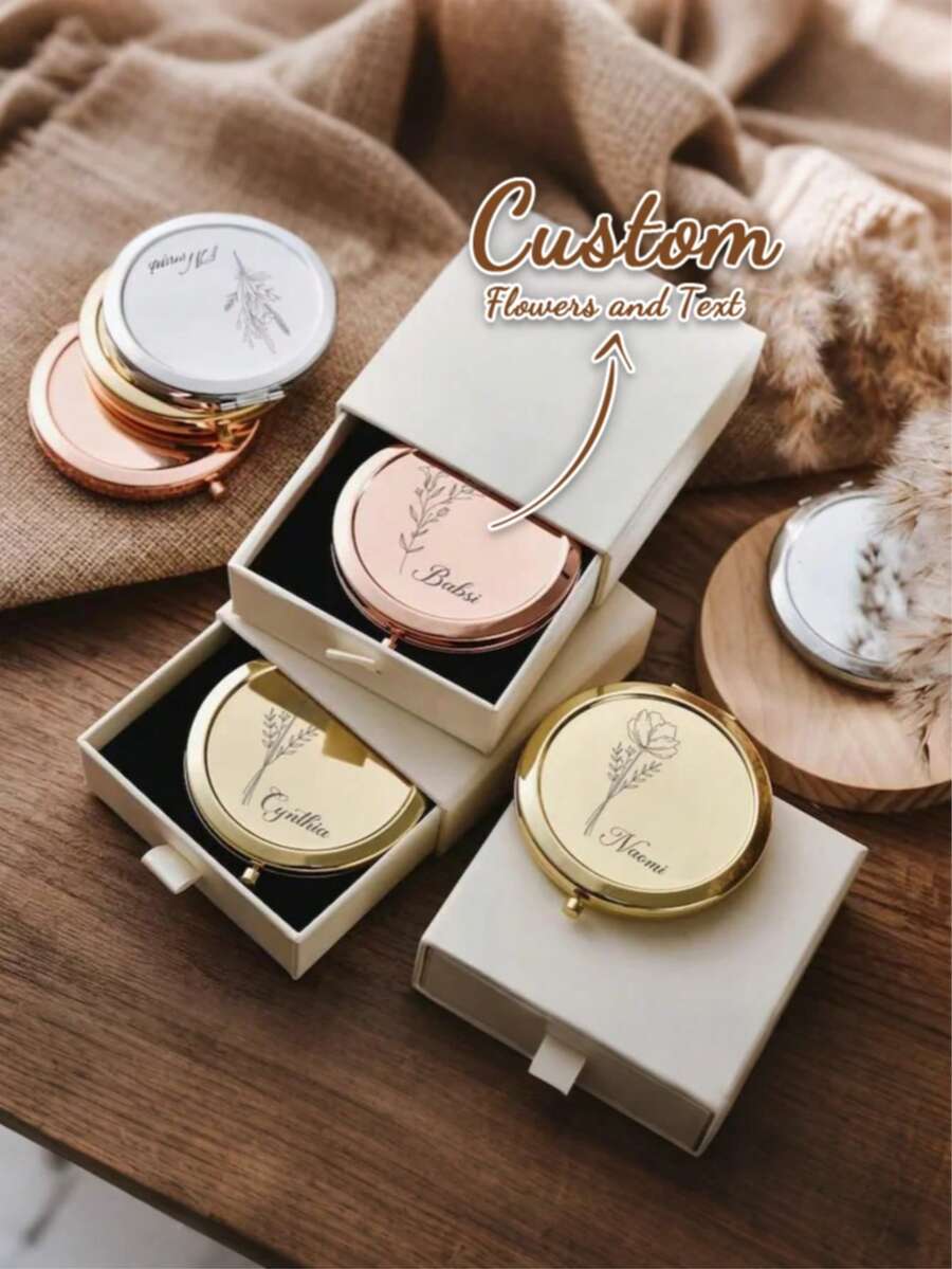 1 قطعة مرآة مدمجة من الفولاذ المقاوم للصدأ مع نقش تصميم زهرة الميلاد - هدية مخصصة باسم للنساء، وصيفة العروس، الزفاف، عيد الميلاد، إكسسوارات جمال محمولة أنيقة - متعدد الألوان - مشاهدة 1