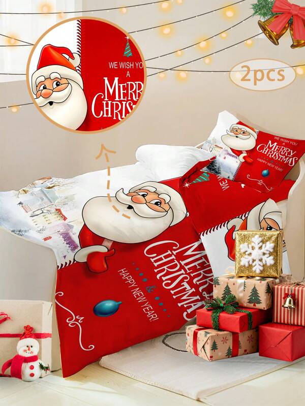 2-częściowy świąteczny komplet pościeli z czerwoną poszewką na kołdrę, dwustronny z motywem Świętego Mikołaja, sań i reniferów, miękki i wygodny, odpowiedni do sypialni, pokoju gościnnego, hotelu, akademika, jako prezent na Boże Narodzenie