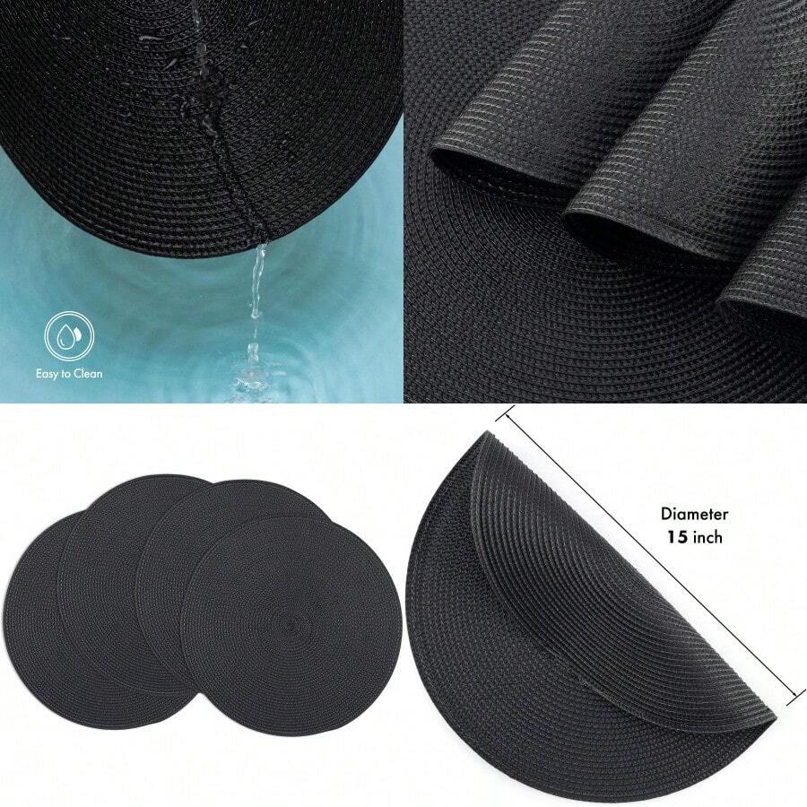 Round Braided Placemats For Dining Table Set Of 4 HeatResistant Table Mats Washable Woven Vinyl 15 Inch Round Place Mats Black 4