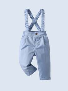 BOARNSEORL 2 piezas Conjunto de caballero para niños pequeños - Camisa de manga larga blanca con moño y pantalones con tirantes, de moda y para fiesta de cumpleaños, evento formal, boda, bautizo, 1er cumpleaños - Azul - Ver 7