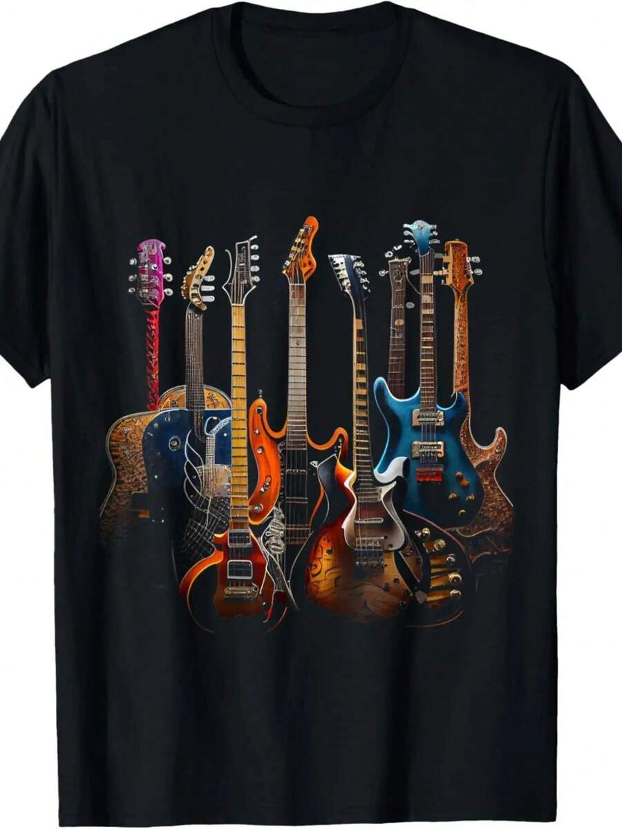 Men'S Vintage Guitar Lovers T-Shirt - Black Music Graphic Tee With Electric & Acoustic Guitar Collection, Soft Blend, Casual Loose Fit Short Sleeve Shirt Musicians & Music Fans, Concerts, Festivals, Birthday Gifts - All-Season Comfort Round Neck Top, Bas, Men Graphic T Shirt, Graphic Tee Men, Men Graphic Tee, T Shirt Men, Funny Tshirt, Men Clothe, Men Shirt - 黑色 - 查看 1