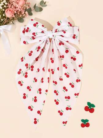 1pc Cherry Printed Hair Bows For Girls White Ribbon Bow French Clips Cherry Hair Clips Elegant Vacation Daily Barrettes Cute Sweet Hairpins Teens Hair Accessories