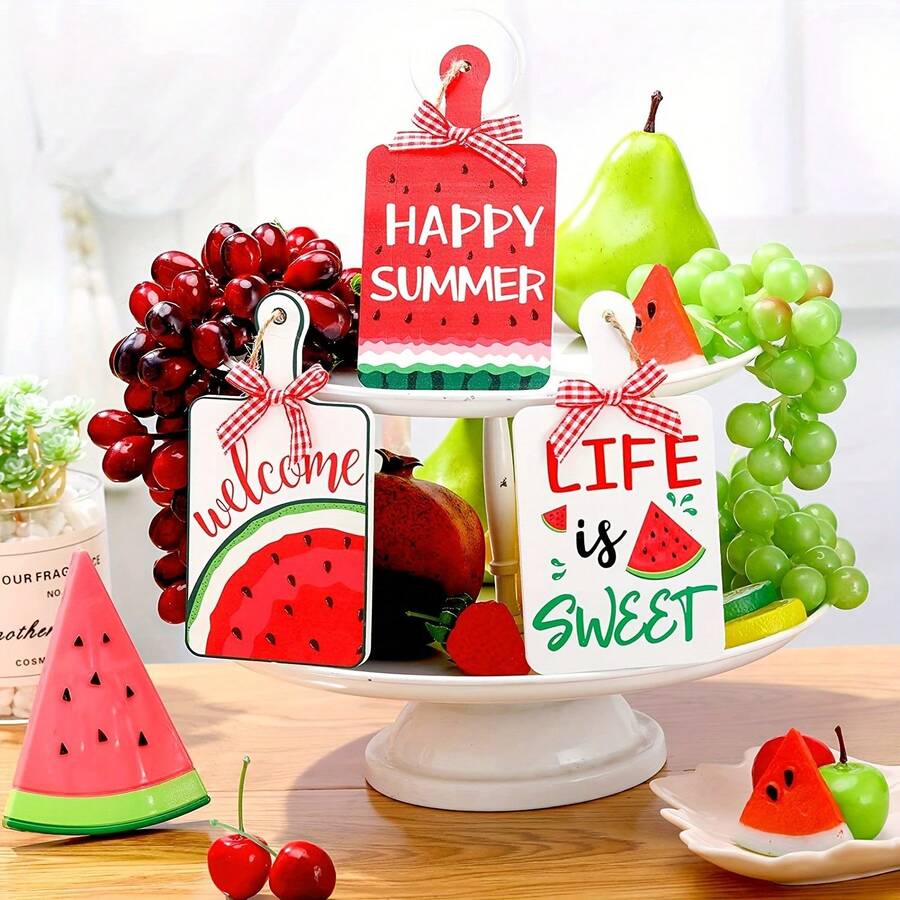 Watermelon Theme Wooden Hanging Decoration Summer Party Fruit Watermelon Hanging Sign Wooden Crafts Kitchen Decorations - 西瓜辣椒木掛牌3款一套 - 查看 1