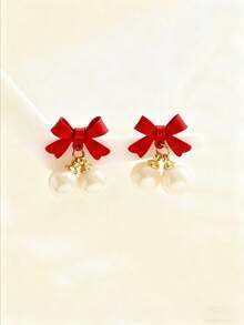 1 Pair Minimalist Bow Pearl Pendant Elegant Earrings For Women, Excellent Christmas, New Year Gift
