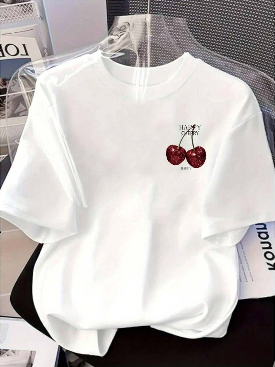 Camiseta mujer estilo minimalista estampado de cereza tela suave holgada cuello redondo manga corta primavera verano uso casual combinable - Blanco - Ver 1