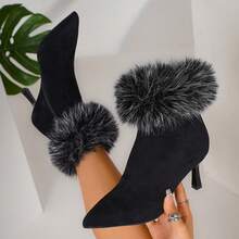 Women's Fashionable Pointed Toe Stiletto Heeled Ankle Boots With Fur Decoration, Suitable For Christmas, Daily Wear, Holiday Parties And Music Festivals. - 黑色 - 查看 15