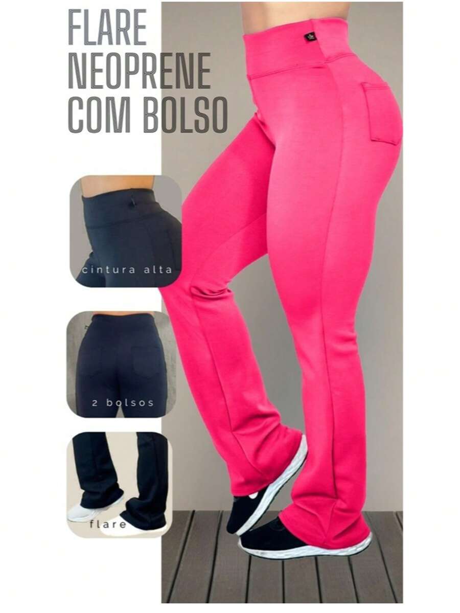 Neoprene Flare Pants With Cero Pocket, Transparency, High Waist - 玫紅色 - 查看 1