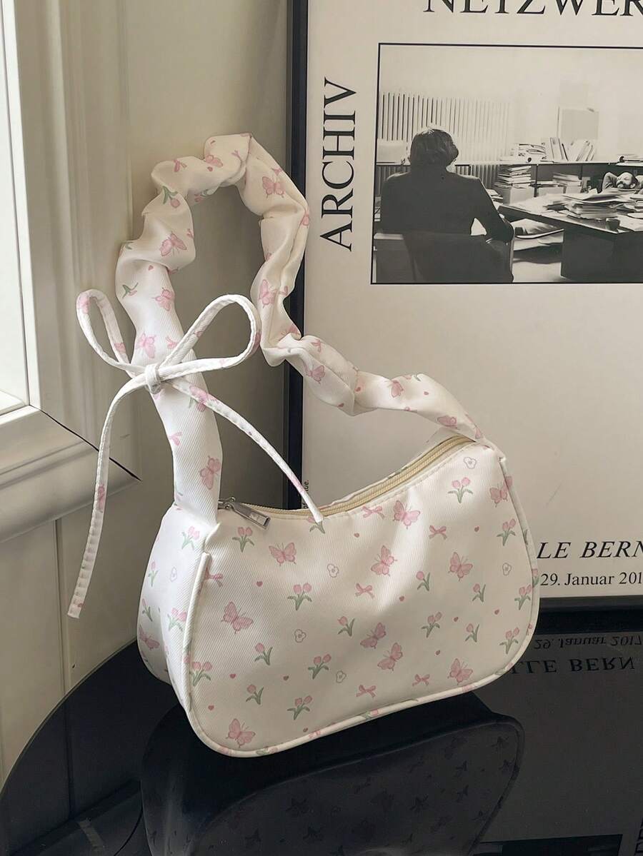 Xuân/Hè mới - Túi đeo chéo họa tiết hoa dễ thương, trang trí bằng ruy băng và nơ, túi đeo vai bằng polyester nhẹ, thích hợp để đi làm và du lịch, thiết kế đen trắng với họa tiết hoa màu hồng, túi đi làm in hoa nhẹ - trắng - Xem 1