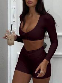 两件套 女士休闲高弹粉色荷叶边领长袖露脐上衣和短裤 春季 - 中紫紅色 - 查看 7