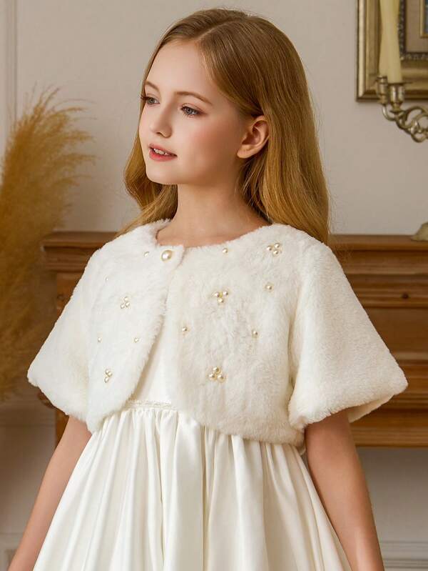 Tween Girl White Handmade Beaded Christmas Party Elegant Shawl Cape, Suitable For Girls Dress, Birthday Party, Evening Gala, Wedding Flower Girl, Pageant Stage Costume