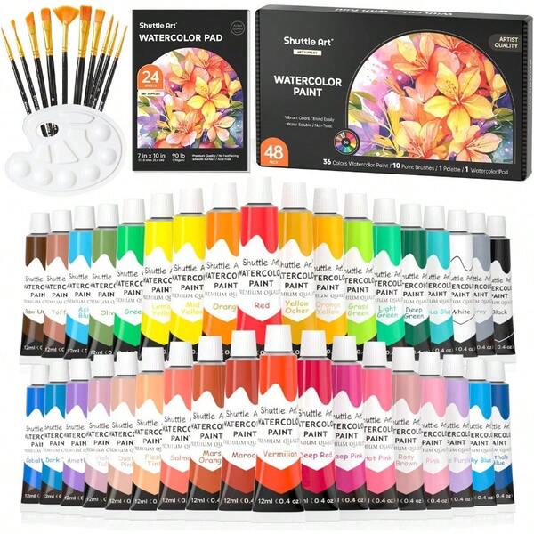 Shuttle Art 48 Pack Watercolour Paint Set 36 Colours Watercolour Paint In Tubes 12ml Each With 10 Brushes 1 Watercolour Pad 1 Palette Premium Watercolour Kit For Artist Beginners
