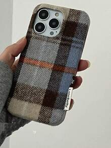 Autumn/Winter Minimalist Blue & Brown Plaid Velvet Phone Case Compatible With Iphone 17 Pro Max, Apple 14, 17 Pro, New 17 Pro, 15 Pro, Soft Protective Cover For 16 Pro Max, 16