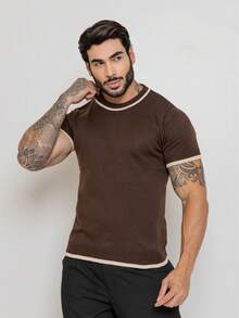Men's Rib Knit Short Sleeve T-Shirt Basic Chic Duocolor Links Crew Neck Premium Quality Spring Summer 26 Men's Rib Knit Short Sleeve T-Shirt Round Neck High Stretch Regular Fit Tee - 鏽棕色 - 查看 6