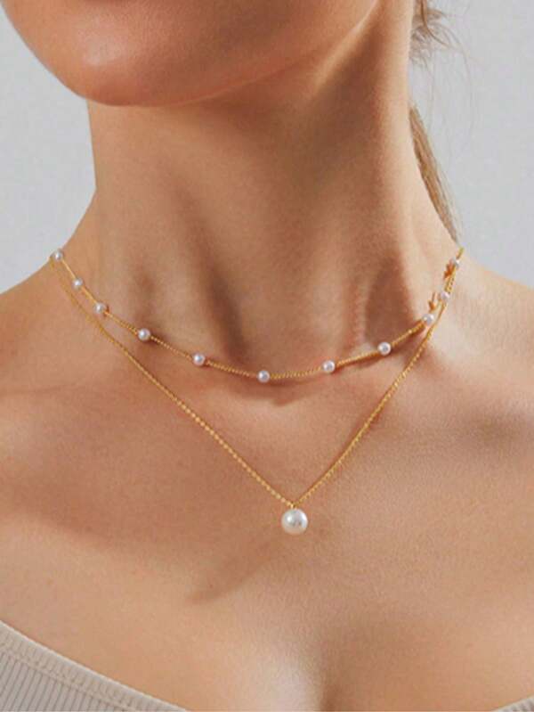 1pc Fashionable Versatile Pearl Pendant Double-Layer Necklace, High-End Choker Necklace