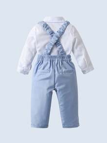 BOARNSEORL 2 piezas Conjunto de caballero para niños pequeños - Camisa de manga larga blanca con moño y pantalones con tirantes, de moda y para fiesta de cumpleaños, evento formal, boda, bautizo, 1er cumpleaños - Azul - Ver 5