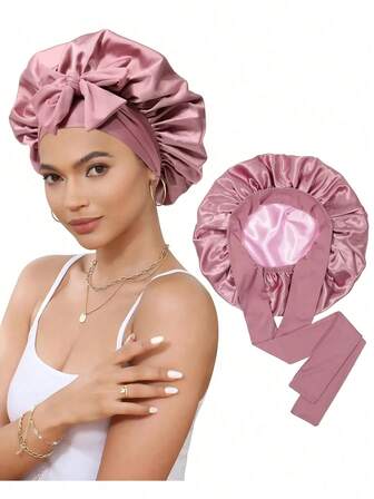 1 pieza Gorro de satén de doble capa con cordón, gorro para dormir forrado de seda, gorro protector del cabello para mujeres con cabello natural rizado