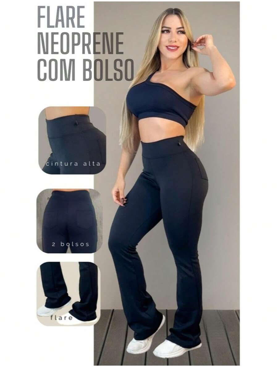 Neoprene Flare Pants With Cero Pocket, Transparency, High Waist - màu đen - Xem 1