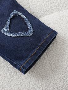 Baby Girl Heart Decor Casual Denim Pants, Summer - Navy Blue - View 6
