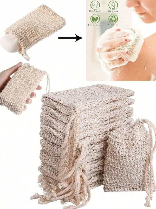 5/10 unidades de bolsa reutilizável para sabonete esfoliante, bolsa de sabonete de sisal com cordão, bolsa para sabonete, bolsa de sabonete com nó para banho para espumar e secar, esfoliante corporal, esfoliante para as costas, suavizador de pele para esfoliar sujeira e pele morta, utensílios de limpeza corporal, suprimentos para banheiro, acessórios para banheiro, decoração de banheiro para o verão