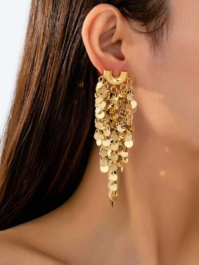 1 Pair Disc Chain Dangle Drop Statement Earring For Women, Luxurious Elegant Oversized Boho Tassel Earrings, 18K Gold Plated Jewelry Gift For Her